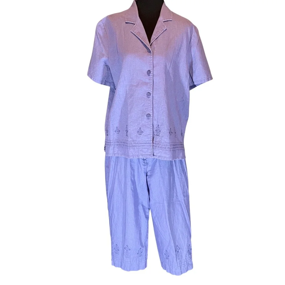 VTG Petite M Periwinkle Linen Blend Embroidered‎ Shirt and Pants Set Coastal Y2K
